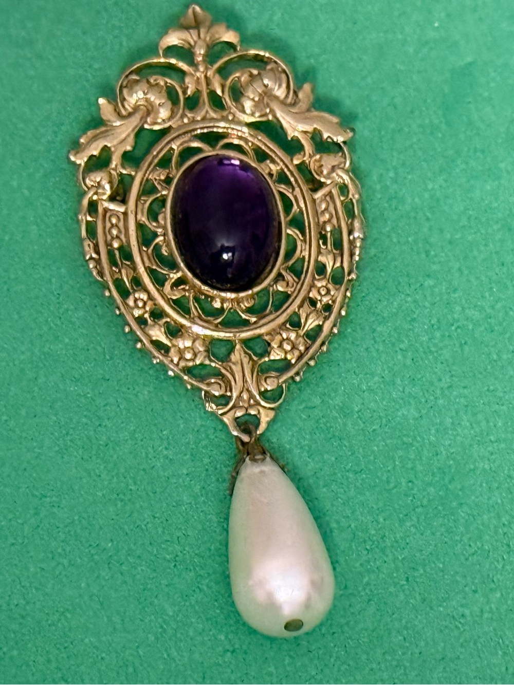 Gold-Tone Filigree Brooch  with Purple Cabochon and Pearl Drop